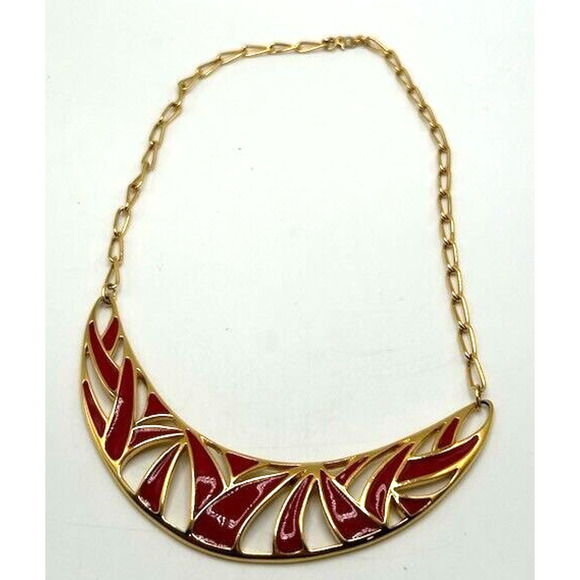 Vintage 1980s-1990s Monet Red Enamel Gold Tone Runway Statement Necklace - Picture 3 of 9